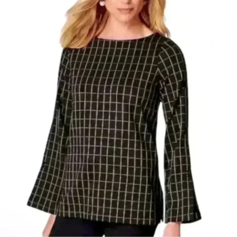 NWT J. Jill Ponte Knit Shirt Window Pane Black/Camel L